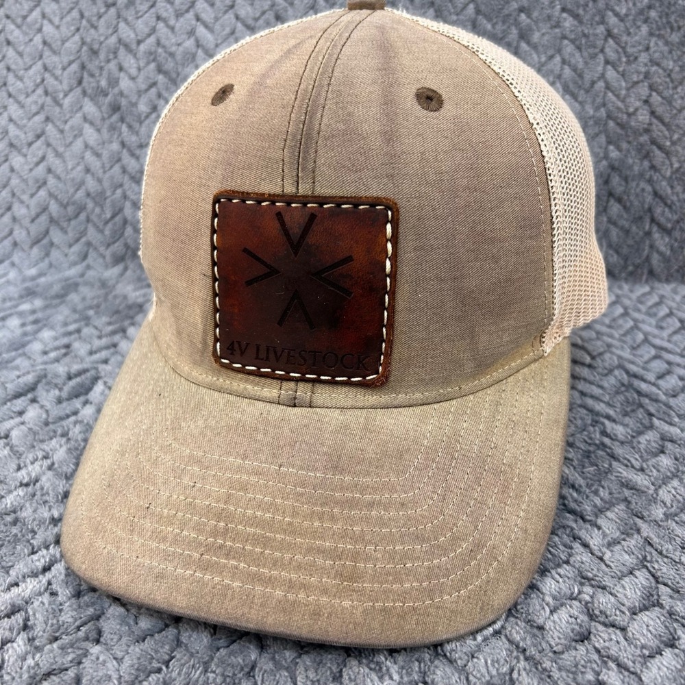 4V Livestock Mens Tan Richardson Trucker Hat Leather Patch Snapback OSFA